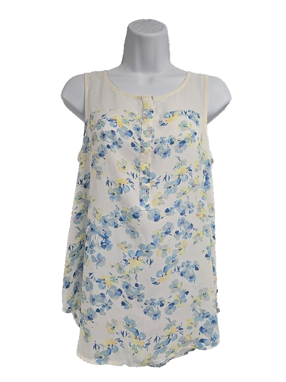 Lauren Conrad Womens Sleeveless Floral Blouse White Blue Yellow Boho Size S